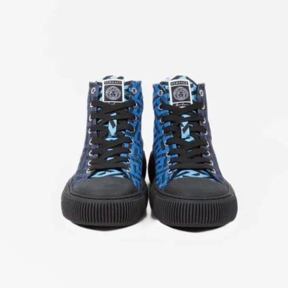 Versace Blue La Greca Canvas High-Top Sneakers - Picture 2 of 12